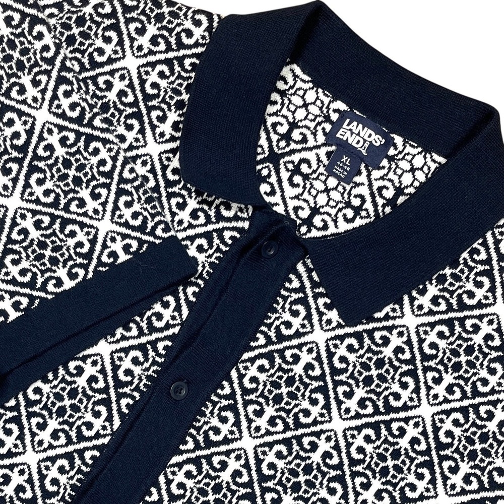 Lands End Tile Jacquard Button Down Short Sleeve Polo Sweater Mens XL Navy Blue